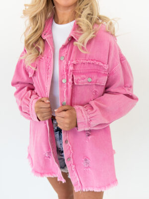 hot pink denim jacket outfit