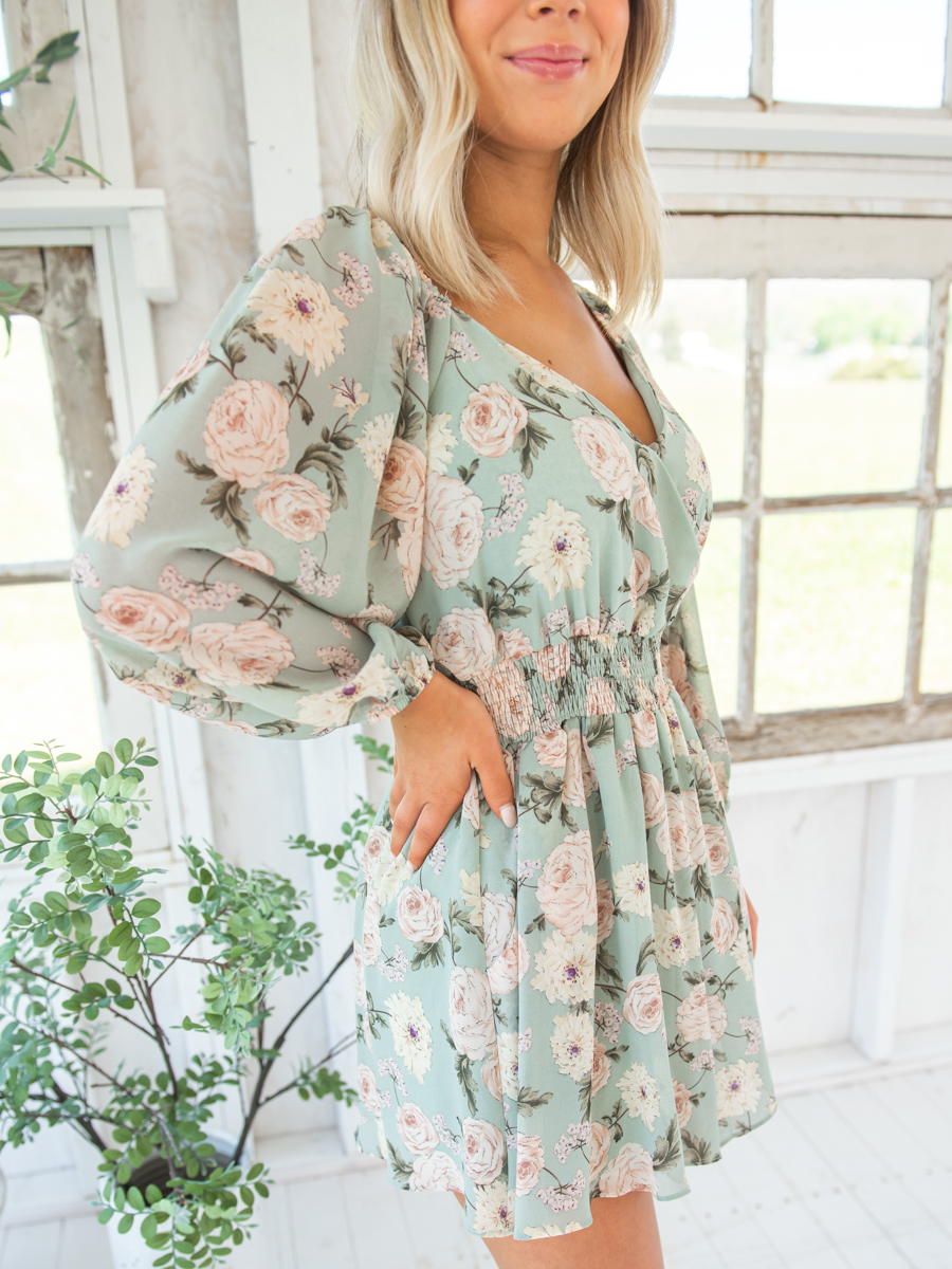 Balloon Sleeve Floral Romper in Sage or Cream | Southern Made Apparel